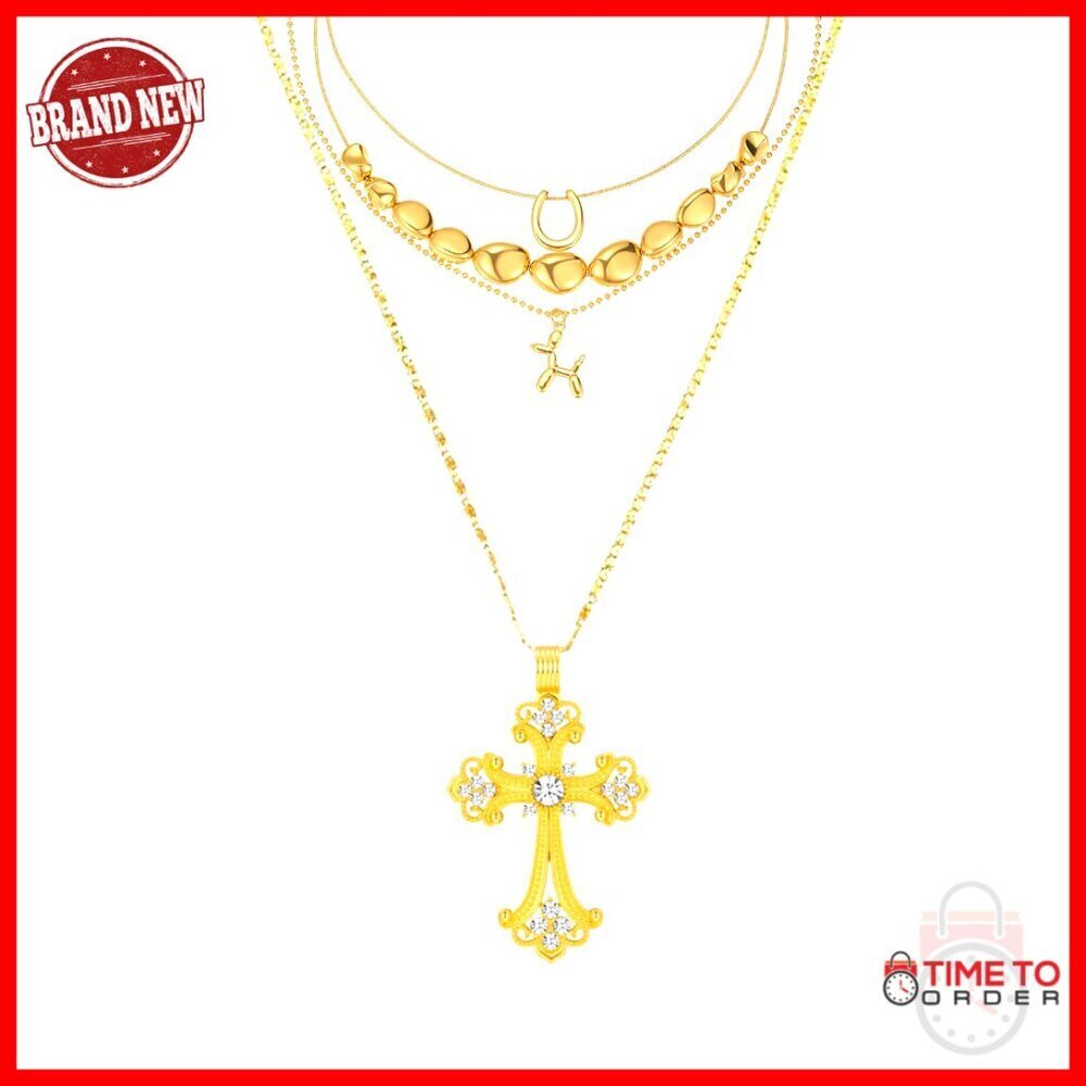 18K Gold Plated Layered Dog Cross Pendant Necklace Set Adjustable Gift